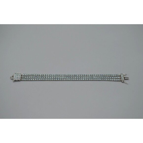 Blue Cubic Zirconia Three Strand Tennis Bracelet Sterling Silver 925 ADI CZ 8" - Picture 2 of 10